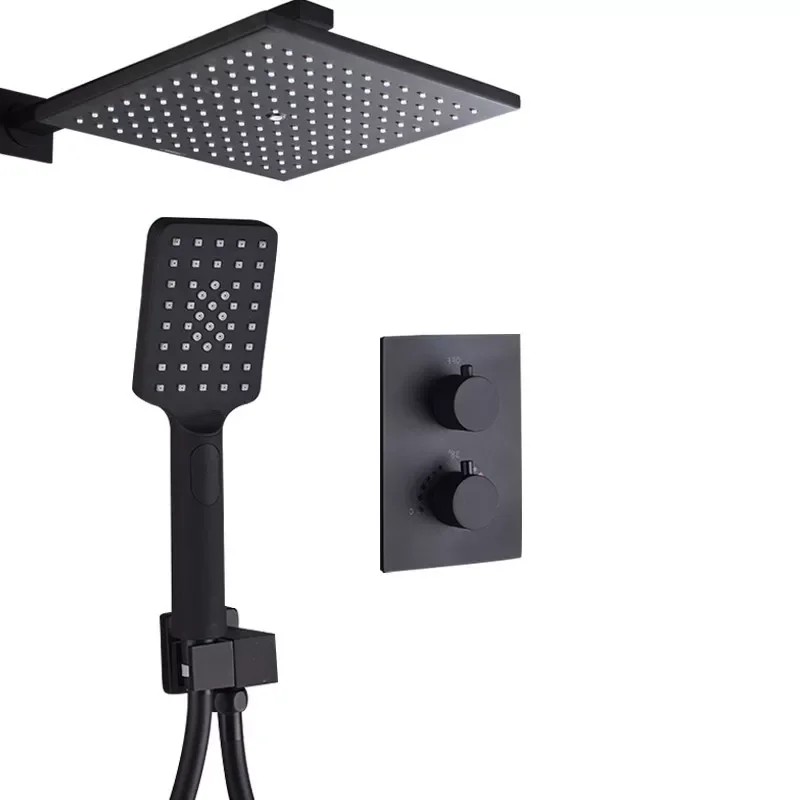 

Unique Matte Black Thermostatic Faucets Set Thermostat Bathroom Rain Shower Diverter System With Plastic HandShower