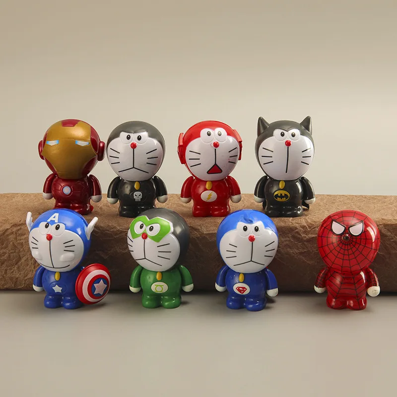 

8pcs/Set Doraemon Cosplay The Avengers Captain America Iron Man Spider Man PVC Action Figures Toy