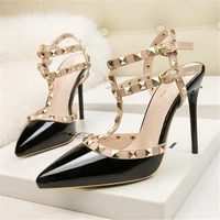 new rivet double buckle fashion women sandals high heels pointed cut outs party shoes women solid patent leather rome shoes