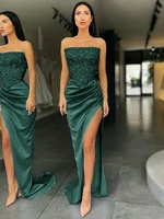 designer sexy evening dress satin pleats ruching split straplder square collar quinceanerathe new sequins zipper dark green