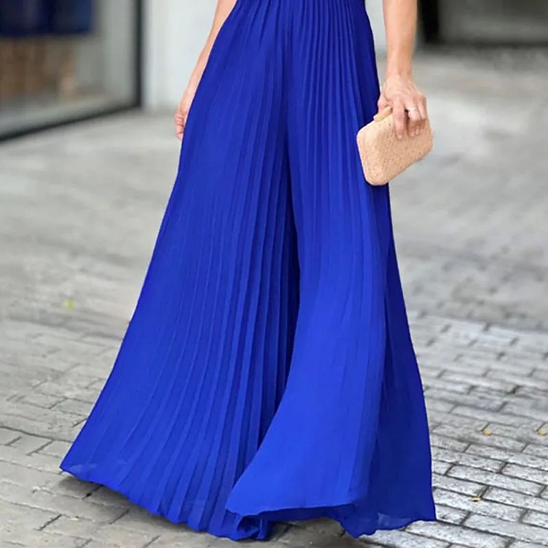Jumpsuit for Women Office Lady Pleated Sleeveless Blue Wide Leg Pants V-neck Casual Rompers Lady Clothing Fashion New