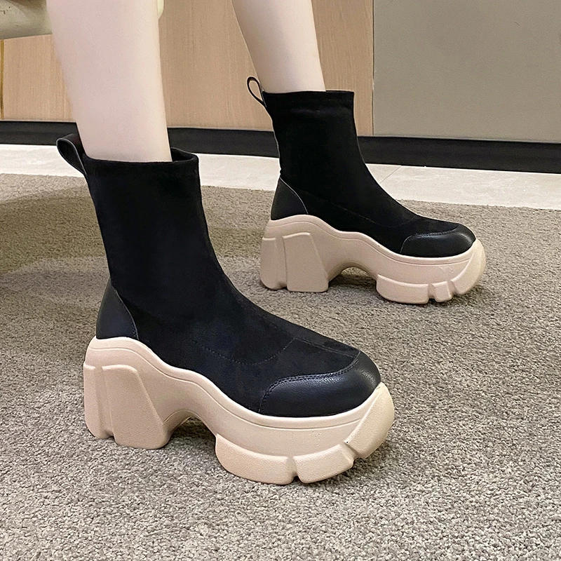 Women's Fashion Platform Shoes Chelsea Slip on 2023 New Elegant Platform Casual Shoes Sock Boots Botas De Mujer Square Heel Pu 2
