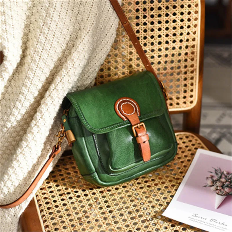 Vintage high quality genuine leather ladies small green shoulder bag casual designer luxury real cowhide crossbody bag for women