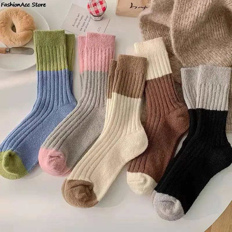 

Winter Warm Socks Women Thickened Rabbit Wool Loose Stay Home Bed Socks Pink Grey Colour Matching Rib Basic Socken Ladies Gifts
