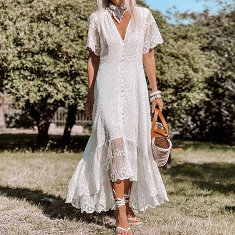 

Elegant White Lace Slit Ruffle Long Dress Casual Short Sleeve Single Breasted Dress New Sexy Deep V Neck Embroidery Party Dress