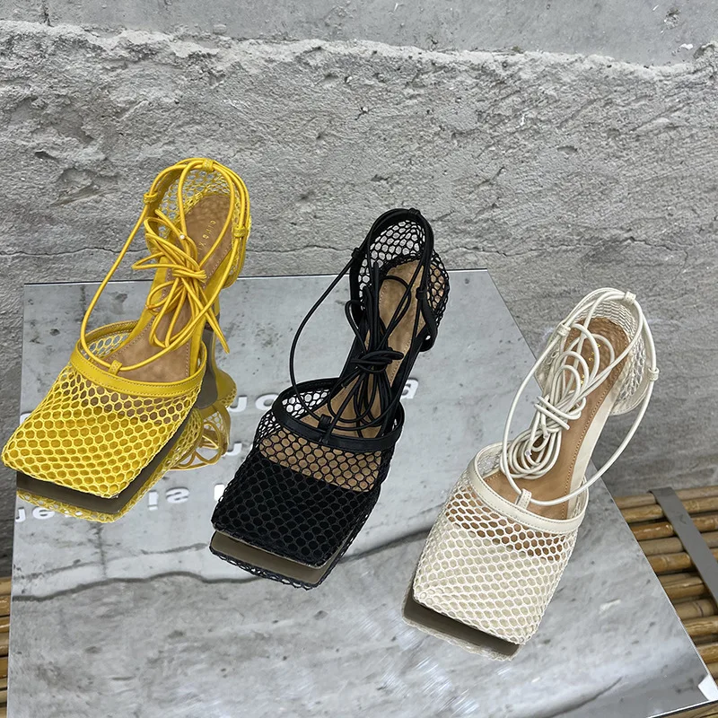 

New Fashionable Women's Candy Colors Sandals Mesh Breathable Square Toe Cross Tie Straps Stiletto Hollow Baotou Sandals