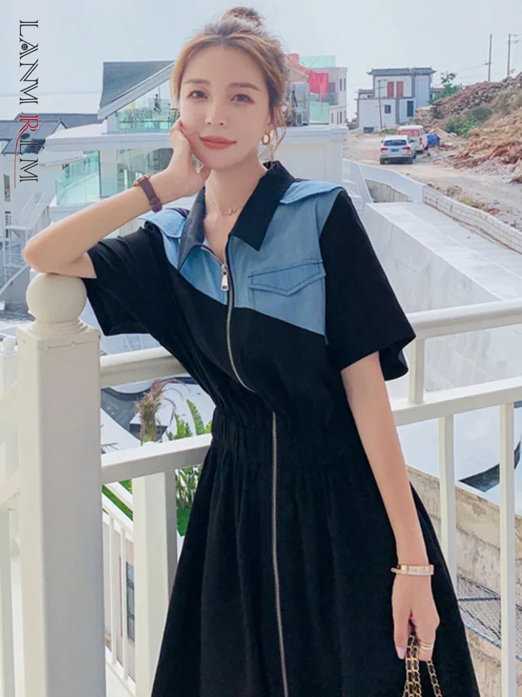 

LANMREM Stitching Midi Dress For Women 2022 Summer Short Sleeves Lapel Color Block Zipper Dresses Female Fashion Clothing 2R4100