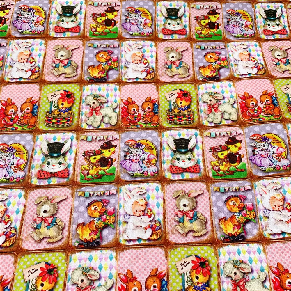 Ткань из хлопка с печатью винтажных животных Утка и Зайчик для шитья, квилтинга, пэчворка, рукоделия, самостоятельного изготовления маски и головных платков.