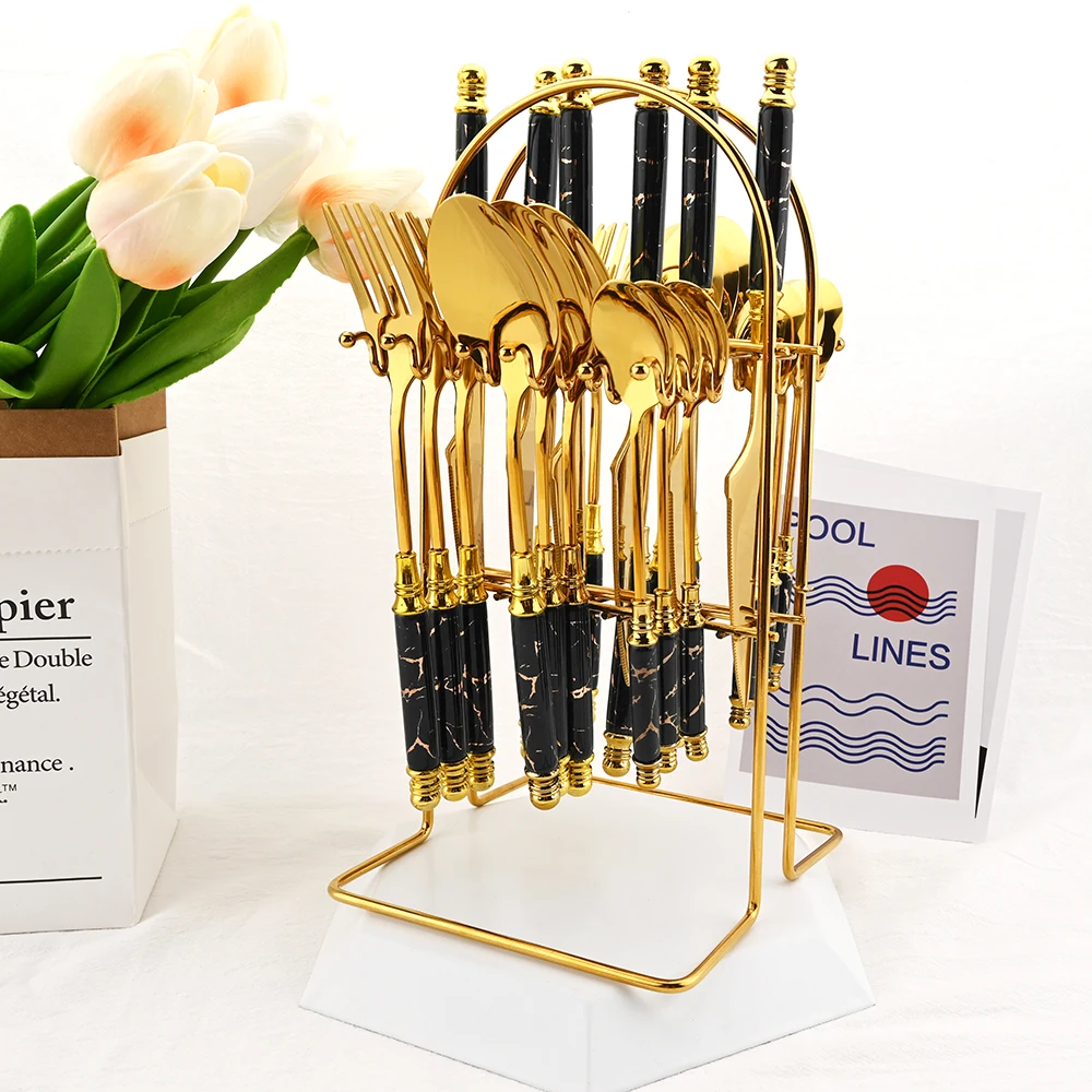 

Black Gold Dinnerware Set 16/24pcs Imitation Ceramic Stainless Steel Cutlery Set Knife Fork Spoons Tableware Set Storage Rack