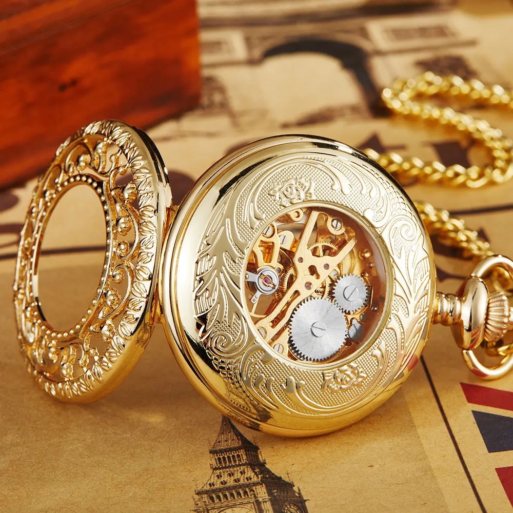Necklace Watch Vintage Steampunk Mechanical Pocket Watch With Chain Hollow Hand-winding Pendant Clock Men Women Gold Bronze Gift