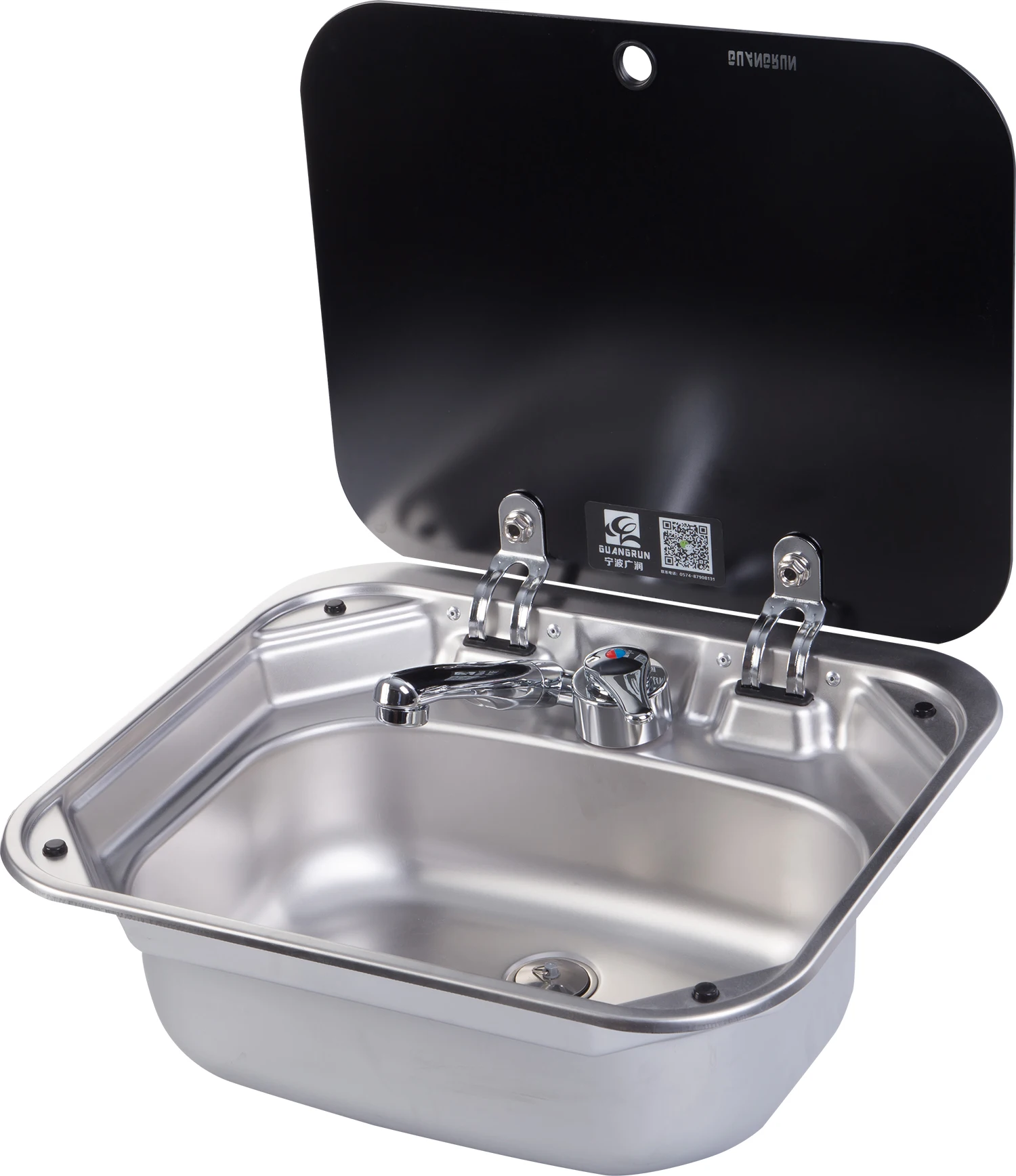 

Folding RV Caravan 420 mm Tempered Glass Cover Square and Stainless-Steel RV accessories kitchen Caravan sink GR-586