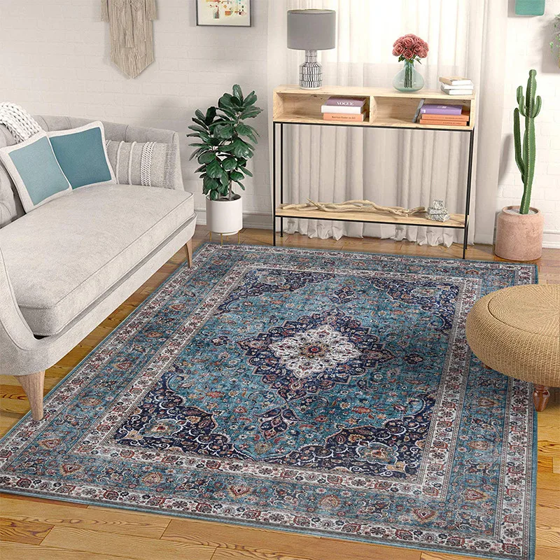 

Persian Style Rectangle Rugs Bedroom Soft Non-Slip Study Mat Vintage Bohemian Carpet for Living Room Blue Chenille Area Rugs