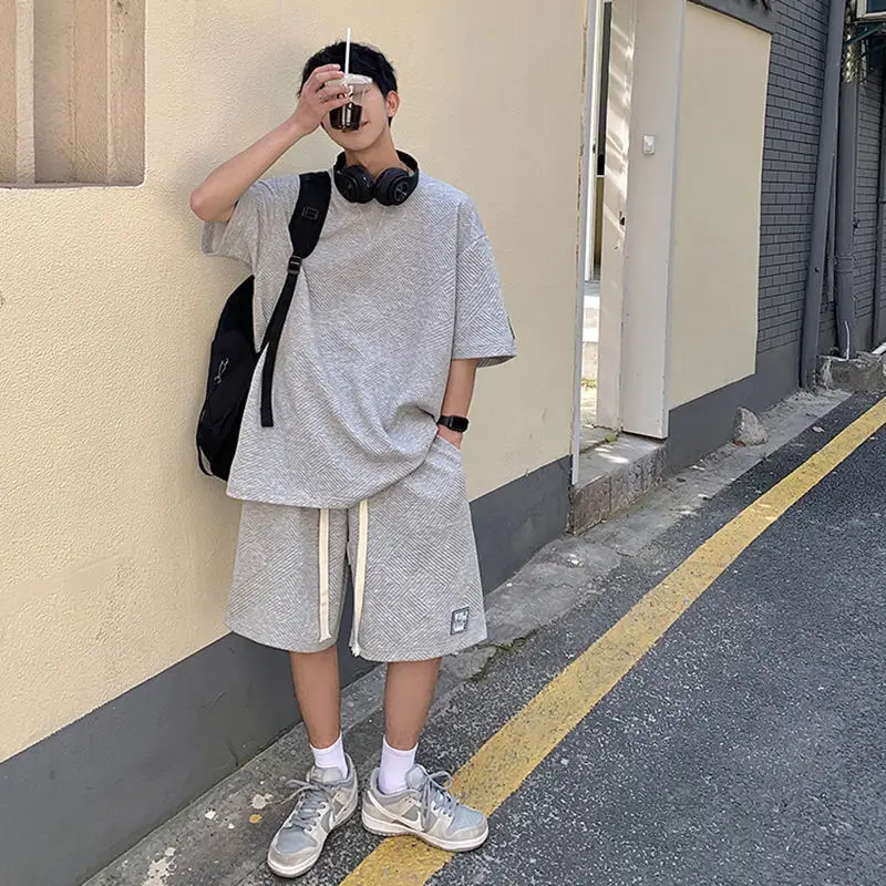 Summer Unisex Asual Suit Men's Hong Kong Style Short SleeveT-shirt Korean Streetwear Casual Preppy Shorts Two Piece Set 2023 New