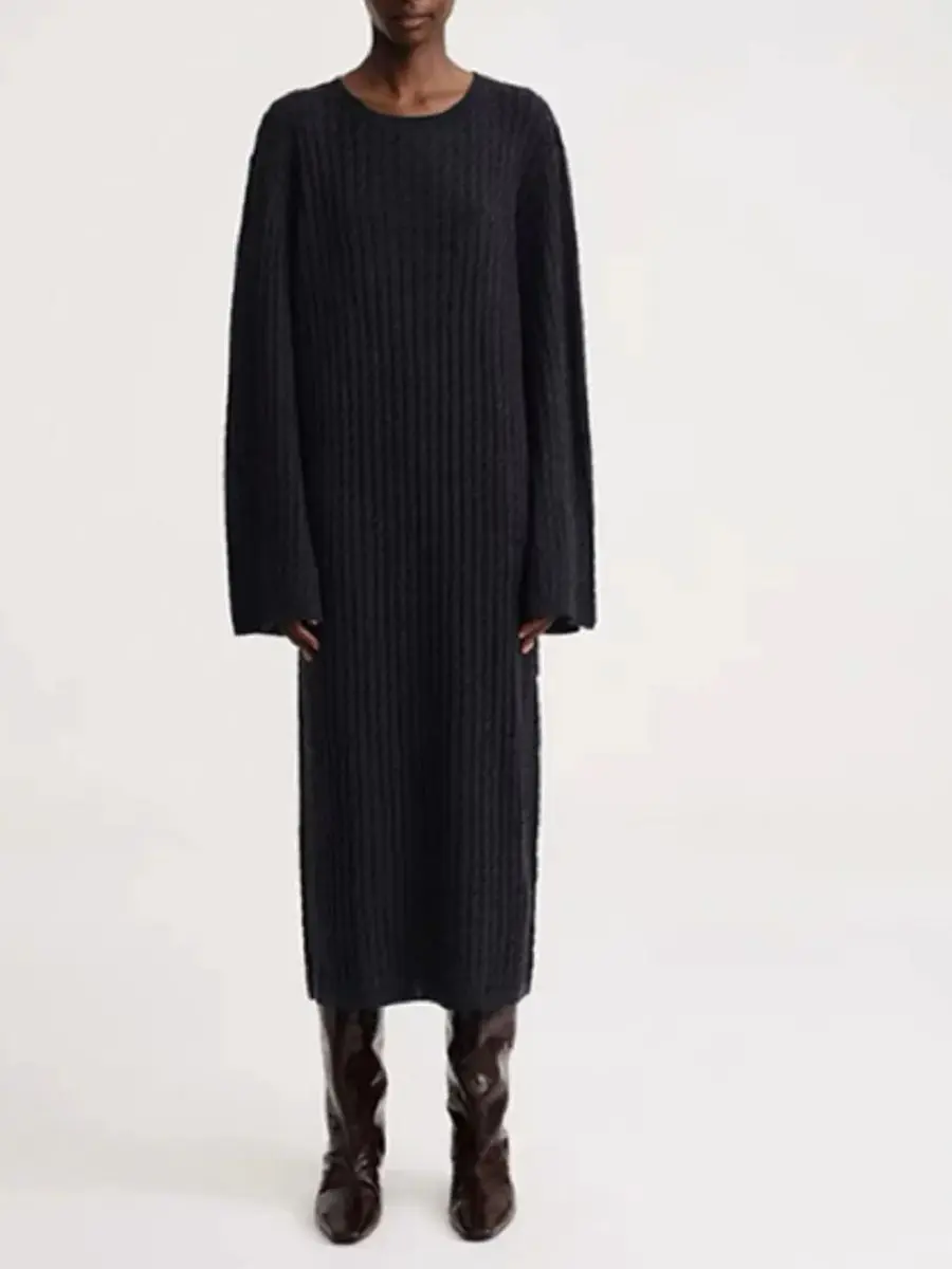 

Женское длинное платье, однотонное прямое Повседневное платье с длинным рукавом, вязаное в рубчик