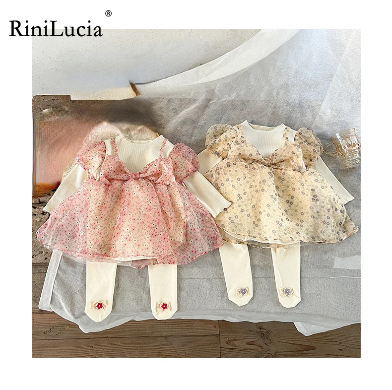 

RiniLucia Autumn Newborn Infant Baby Puff Sleeve Floral Rompers Kids Princess Two-Piece Baby Clothing Born Baby Girl Clothes