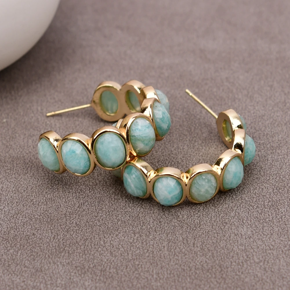 Серьги-кольца с натуральным зелёным амазонитом позолоченные