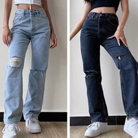 women mid waist wide leg jeans 2022 summer new washed ripped loose casual straight mopping pants female fashion retro trousers