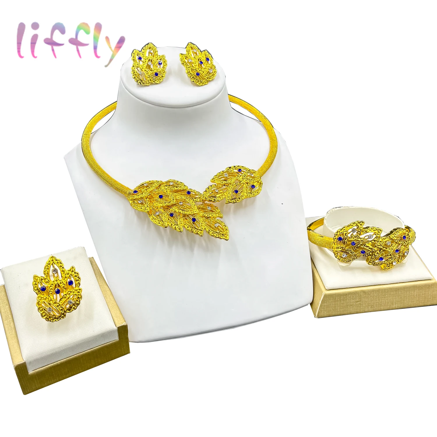 

Liffly African Fashion Jewelry Sets Blue Crystal Necklace Leaf Shape Bracelet for Women Earrings Ring Wedding Accessories