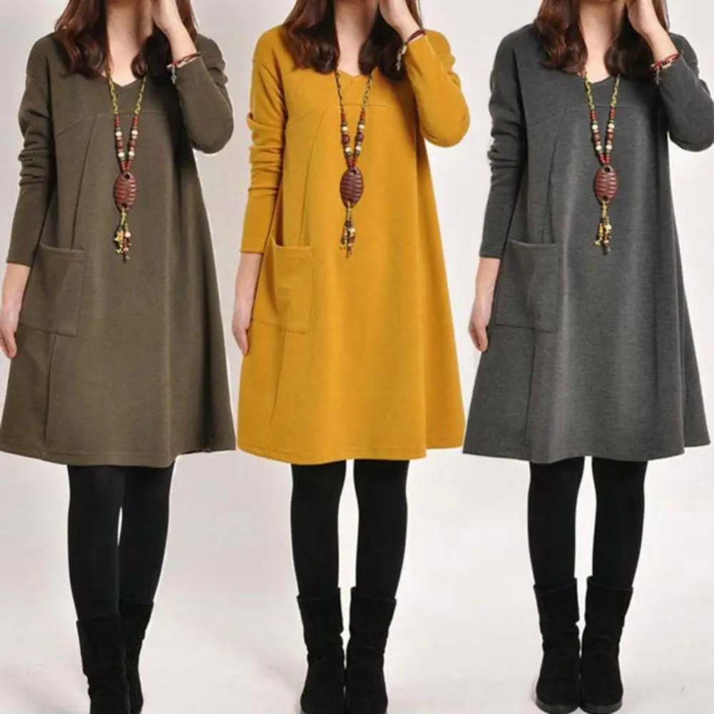 

Women Autumn Dress Crew Neck Loose Solid Color Pullover Patch Pocket Keep Warm Womens Clothing Lady Winter Dress for Work