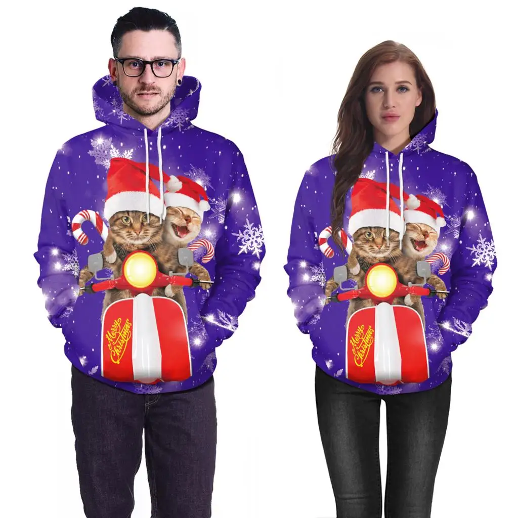 

3D Couples' Hooded Pocket Sweater with Christmas Element Printing 2023 Autumn New Sweatshirt Fashion Comfortable Long Sleeves