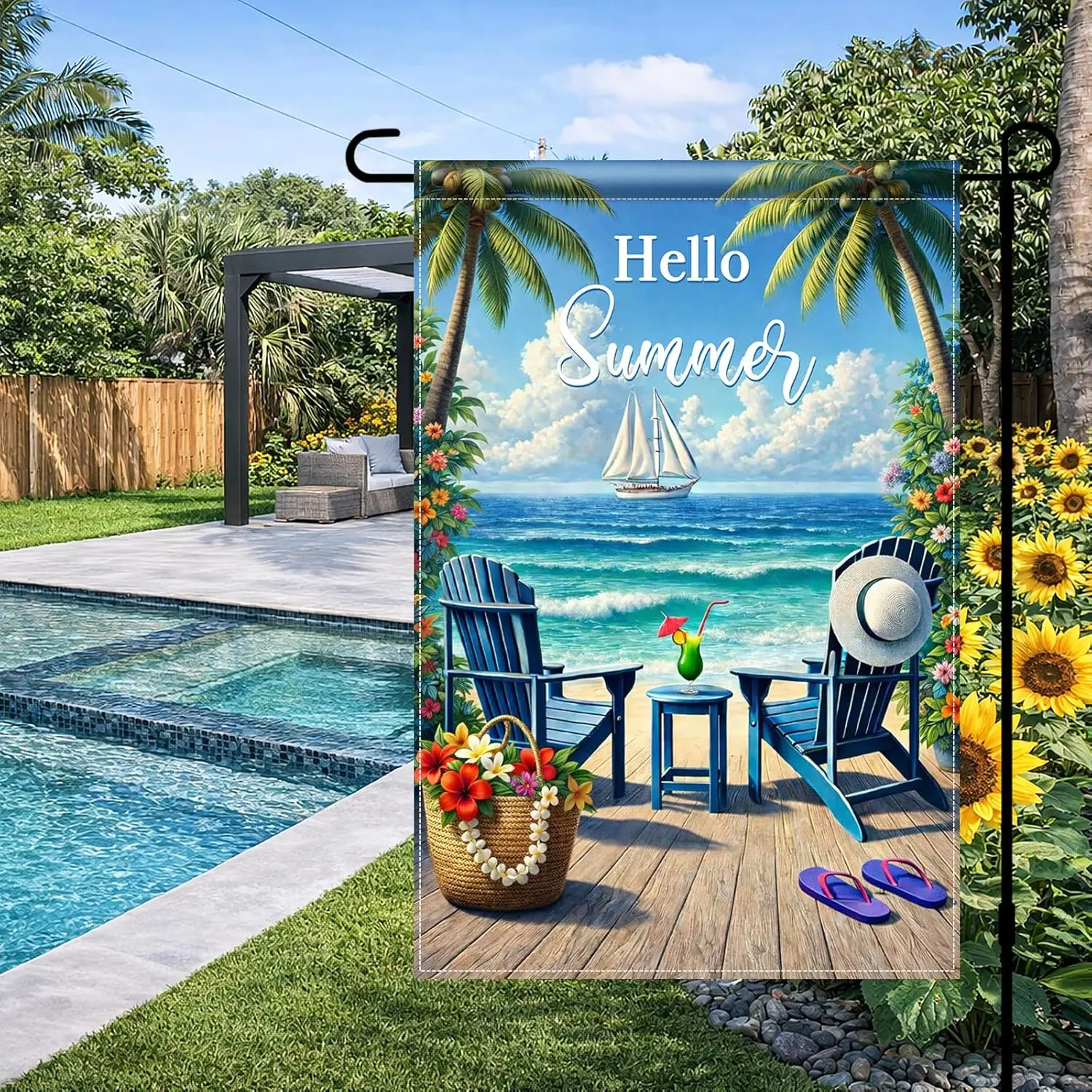 Фото Флаг BlissYard Hello Summer Coastal Garden 12x18, двусторонний, вертикальный, для улицы, с видом на пляж, океан, тропический патио, Y AAS №4