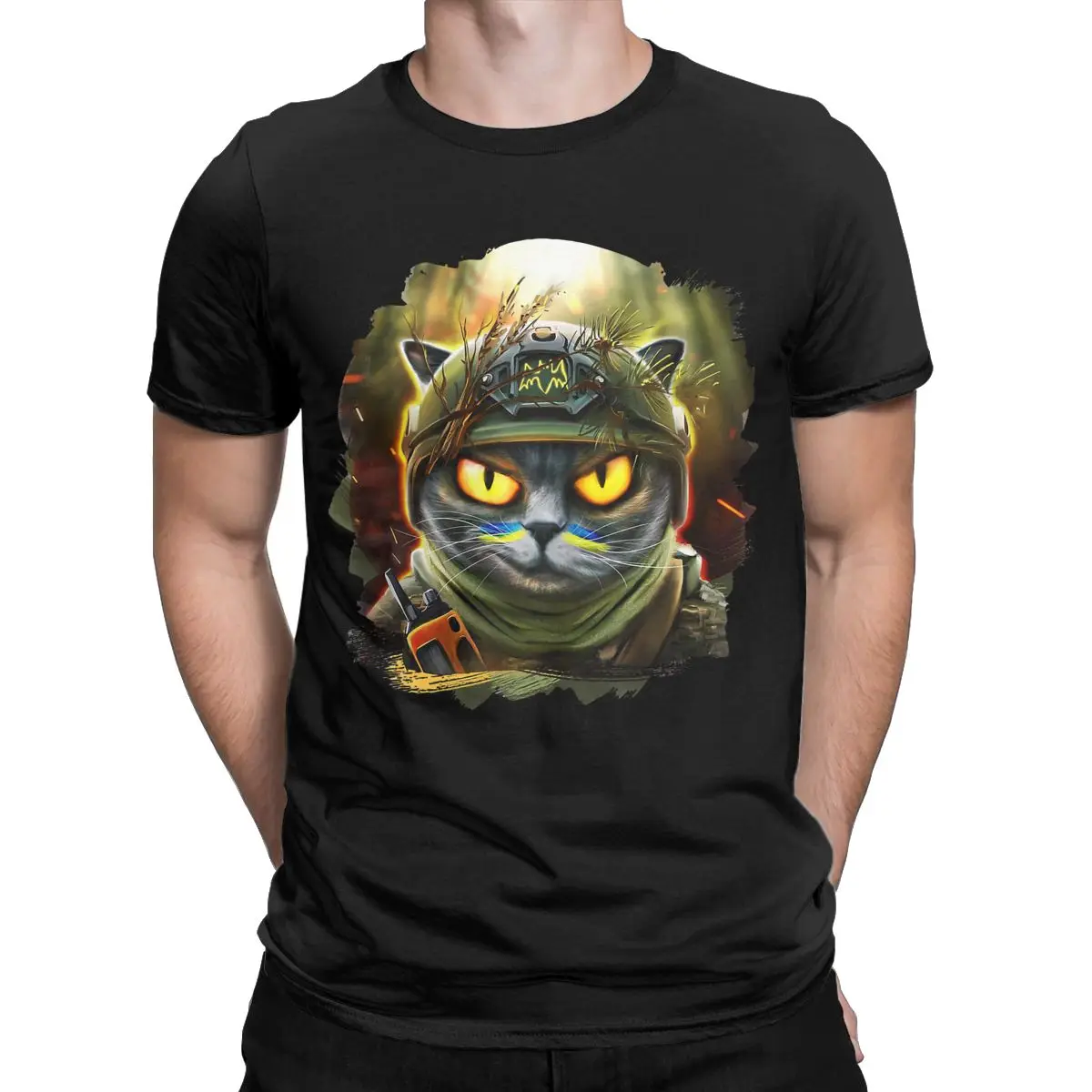 

Ukrainian Cat Agent In The Night Forest Men's clothing Cotton Ukraine T-Shirts for men Tees Short Sleeve Tops New Arrival