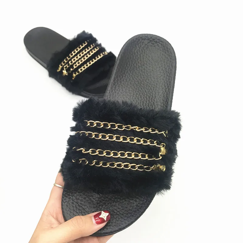 

Chain Design Plush Women Slides Outdoor Beach Non-slip Mature Sexy Woman Slippers Soft Cozy Sandals Summer New Female Shoes 2022