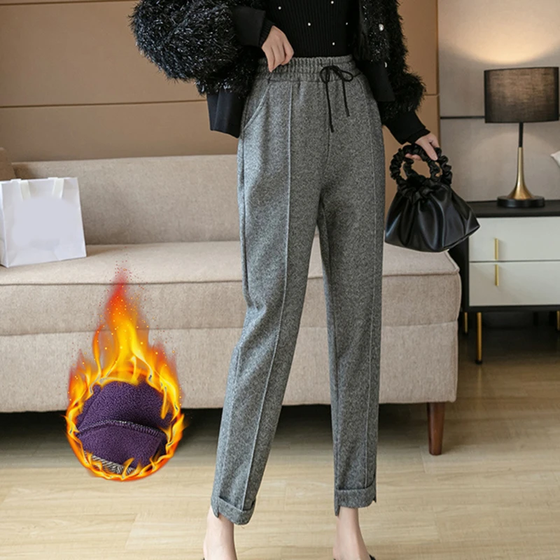 

2022 Winter Warm Harlan Pants Women Plus Velvet Thickening Pants Korean Casual Trouse Woolen Houndstooth Pants