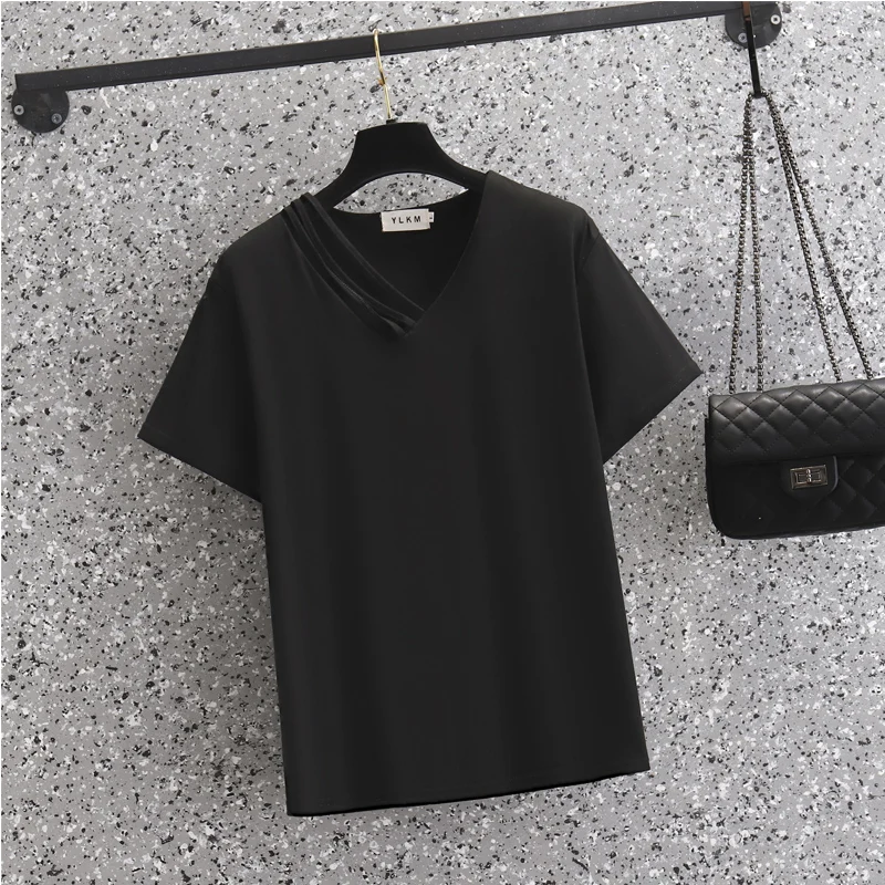 Plus Size T Shirts Summer Solid Womens Tops Oversized V-Neck Elastic Cotton Fabric Looser Oversized Short Sleeves Large T-Shirt