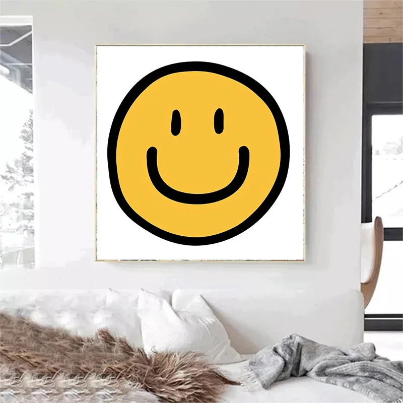 Современная простая желтая картина для детской комнаты с улыбающимся лицом