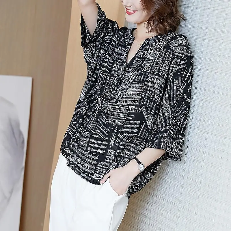 

Stylish V-Neck Button Printed Loose Irregular Blouse Women Clothing 2023 Spring New Oversized Casual Pullovers Korean Shirt
