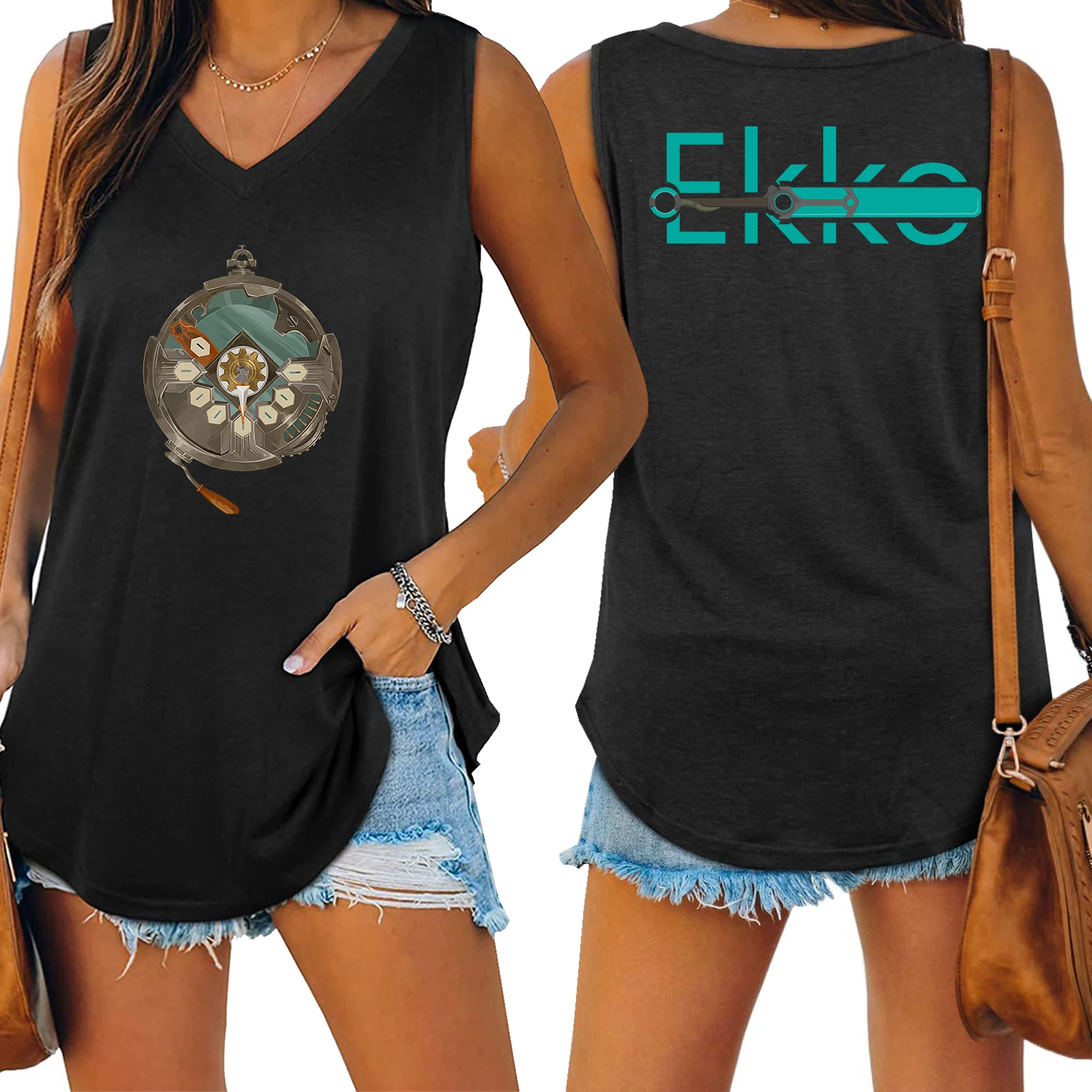 Arcane Ekko Секундомер и майка Zero Drive с v-образным вырезом женский жилет свободный топ