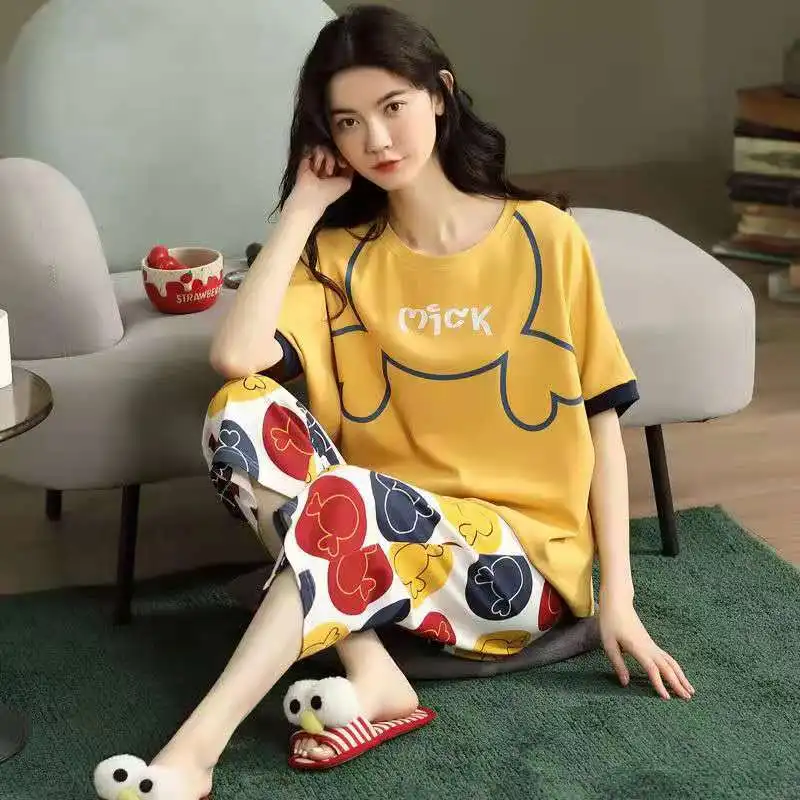

M-5XL pajama women's summer plus-size loose short sleeve cropped pants set loungewear Suitable for weight 75g- 200g