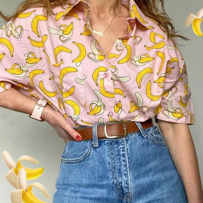 

Retro Fashion Print Lapel Short Sleeve Shirt