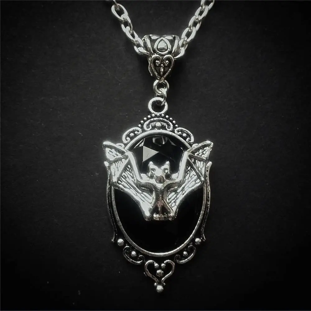 

Bat Cameo Necklace Vintage Gothic Oval Pewter Frame Pendant Necklace Mystic Witch Jewelry Gift Accessories for Women and Girls