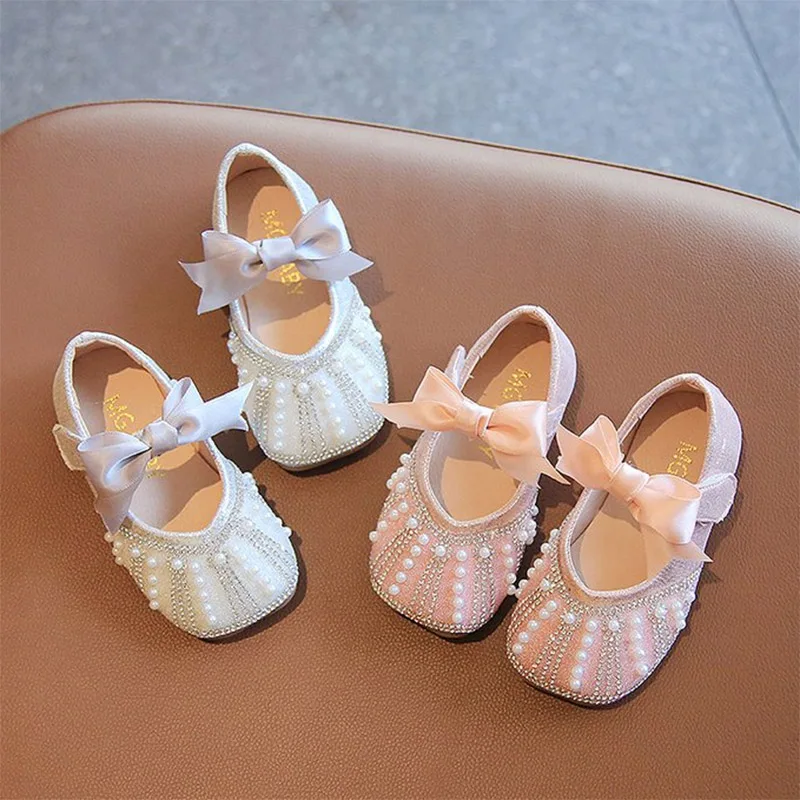 

Girls Shoes String Bead Princess Shoes Big Bowtie Mary Janes Shoes Pearls Bling Leather Dance Wedding Shoes For Children Kids