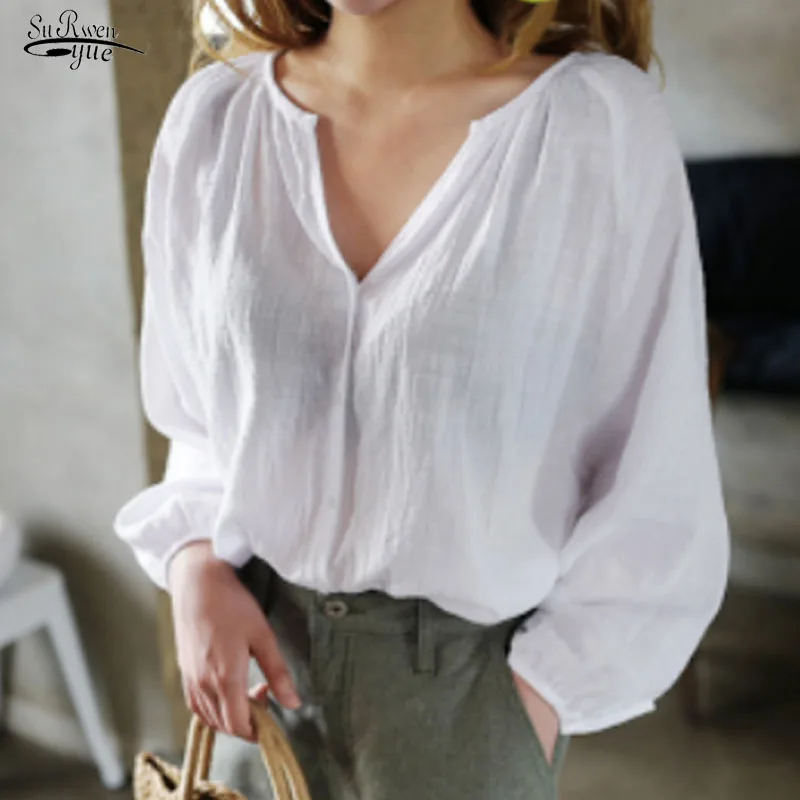 

Новые простые женские рубашки из хлопка и льна, Повседневная модная Свободная Женская блузка, топы с длинным рукавом, белая и фиолетовая одежда, блузы 22960