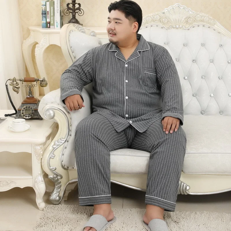 Fat Plus Autumn Large Men's Size Cotton Pajamas Set Male Fat Guy Lapel Long Sleeve Home Wear Pijama Suit Micro-elasticity 5XL