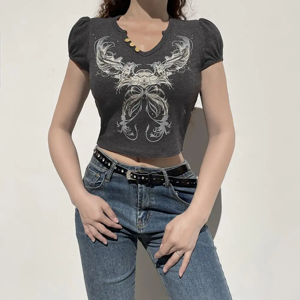 

Шикарный укороченный топ, универсальная термоусадочная женская футболка, топ с абстрактным рисунком бабочек и открытым пупком