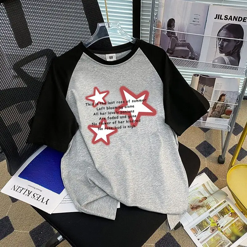 

Raglan Star Print Short Sleeve T-shirt WomenSummer New Loose and Versatile Hong KongStyle Retro Small and Simple Half Sleeve Top