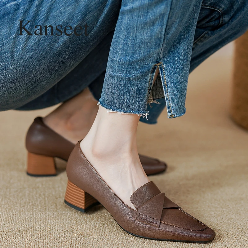 

Kanseet Vintage Pumps Women's Shoes New 2023 Spring Genuine Leather Square Toe Ladies Comfortable Mid Heels Footwear Brown 34-40