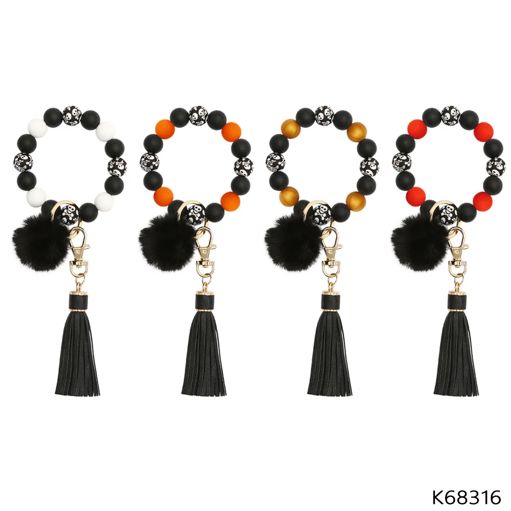 

Beaded Silicone Wristlet Keychain Skull Keychain Gothic Handmade Punk Fur Ball Tassel Bracelet Bracelets
