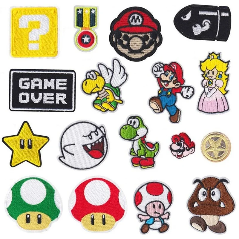 

17pcs Super Mary Bros Game cosplay Patches Clothes Sticker Luigi Yoshi Mushroom Princess Turtle Accessories Applique Embroidery
