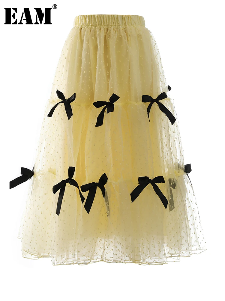 

[EAM] High Elastic Waist Gray Yellow Mesh Bow Dot Casual Half-body Skirt Women Fashion Tide New Spring Autumn 2022 1DE8307