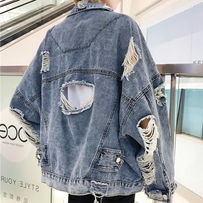 

Hole Denim Jacket Men's Spring Autumn New Korean Student Harajuku Bf Loose Jacket Ripped Patch Letter Beggar Coat Streetwear