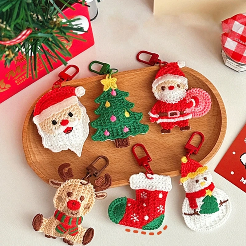 Knit Santa Keychain Cartoon Claus Key Fob Cute Xmas Tree Keyring for Christmas Decoration Phone Backpack Purse Gift Party Favors