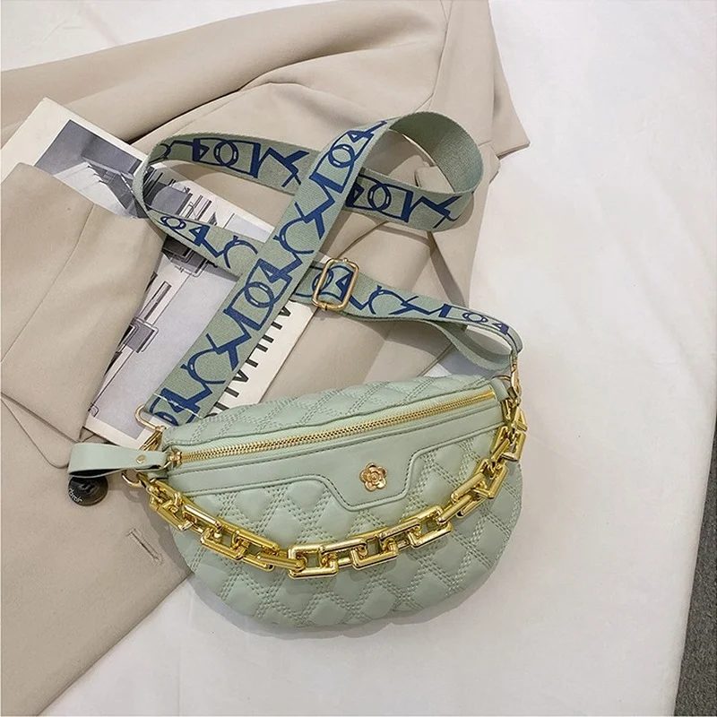 

Elegant Diamond Lattice PU Chain Waist Bag For Women Stylish Applique Waist Pack Female Fanny Pack Wide Strap Crossbody Belt Bag