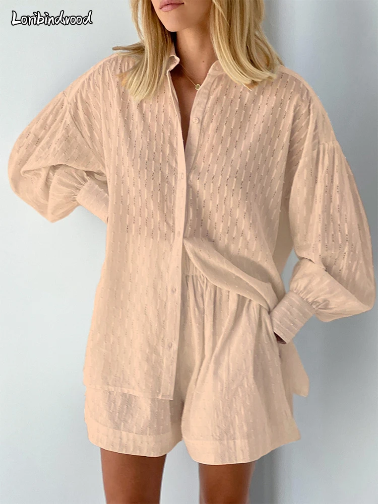 

White Shorts Sets 2 Piece Sets Women Jacquard Fabric Lantern Sleeve Loose Shirt and Shorts Suits 2023 Summer Female Outfits