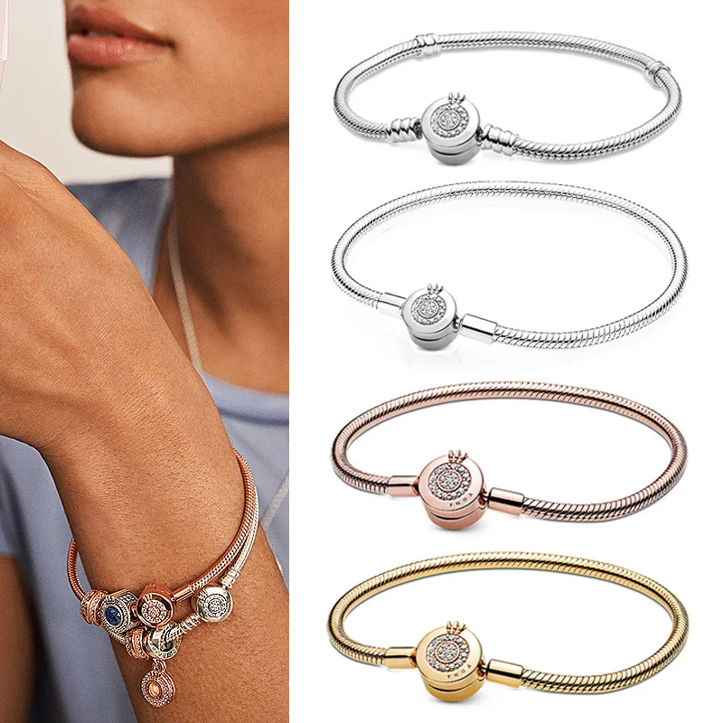 

2020 New 925 Sterling Silver Rose Gold Glittering Crown O Snake Bone Bracelet Fit European Charm Bracelets Women Jewelry