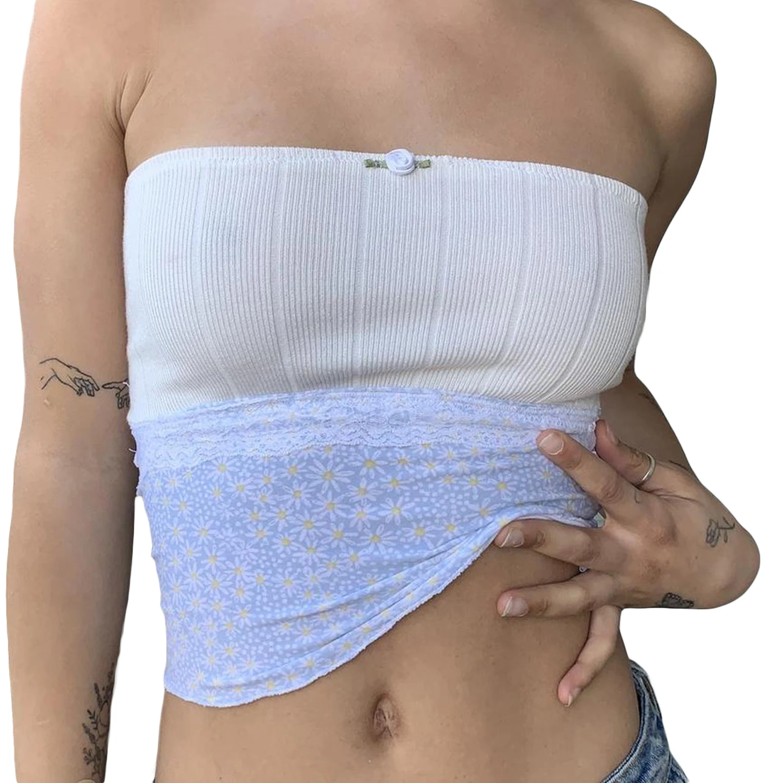

Women Tube Tops Floral Print Patchwork Lace Trim Strapless Wrap Chest Tank Tops 2023 New Fresh Cool Summer Bandeau Female Tops